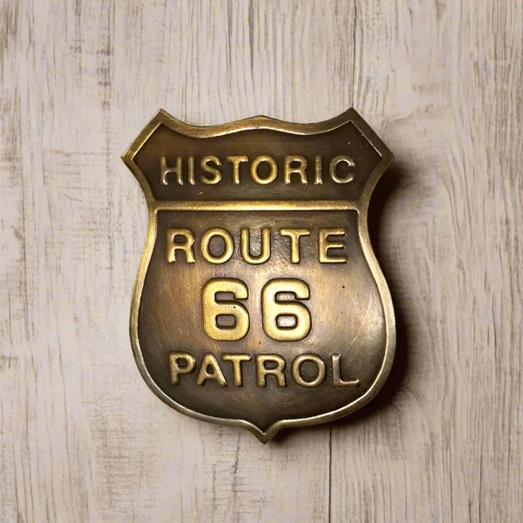 Route 66 Solid Brass Badge With Raised Lettering & Soldered Pin (Free Gift!) - Jones Peak