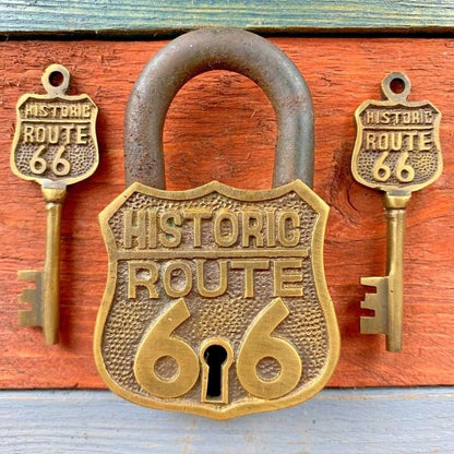 Route 66 Solid Brass Lock & Keys With Embossed Lettering (3.5" x 2.25") - Jones Peak