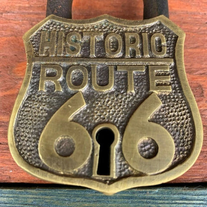 Route 66 Solid Brass Lock & Keys With Embossed Lettering (3.5" x 2.25") - Jones Peak