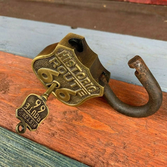 Route 66 Solid Brass Lock & Keys With Embossed Lettering (3.5" x 2.25") - Jones Peak