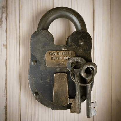 San Quentin Death Row Cast Iron Lock With Brass Tag & Antique Finish (3" x 5") - Jones Peak