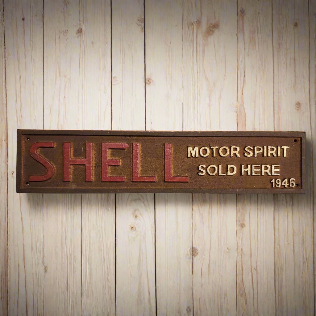 Shell 1946 Cast Iron Embossed Plaque With Painted Antique Finish (13.25" x 3") - Jones Peak