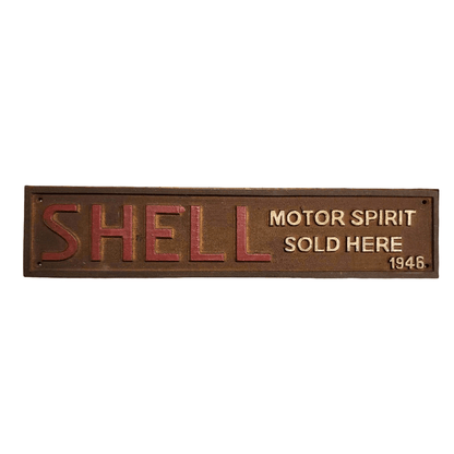 Shell 1946 Cast Iron Embossed Plaque With Painted Antique Finish (13.25" x 3") - Jones Peak