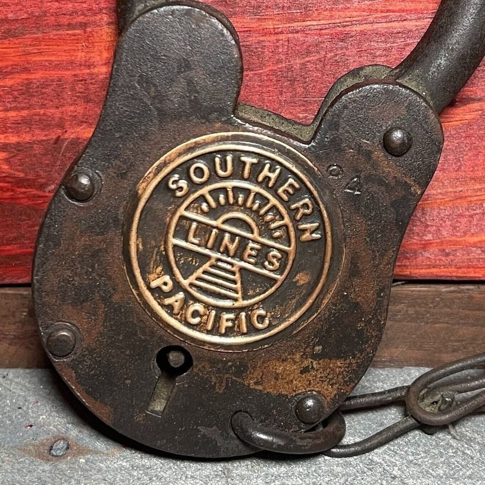 Southern Pacific Railroad Cast Iron Lock With Chain & Brass Tag (5" x 3.5") - Jones Peak