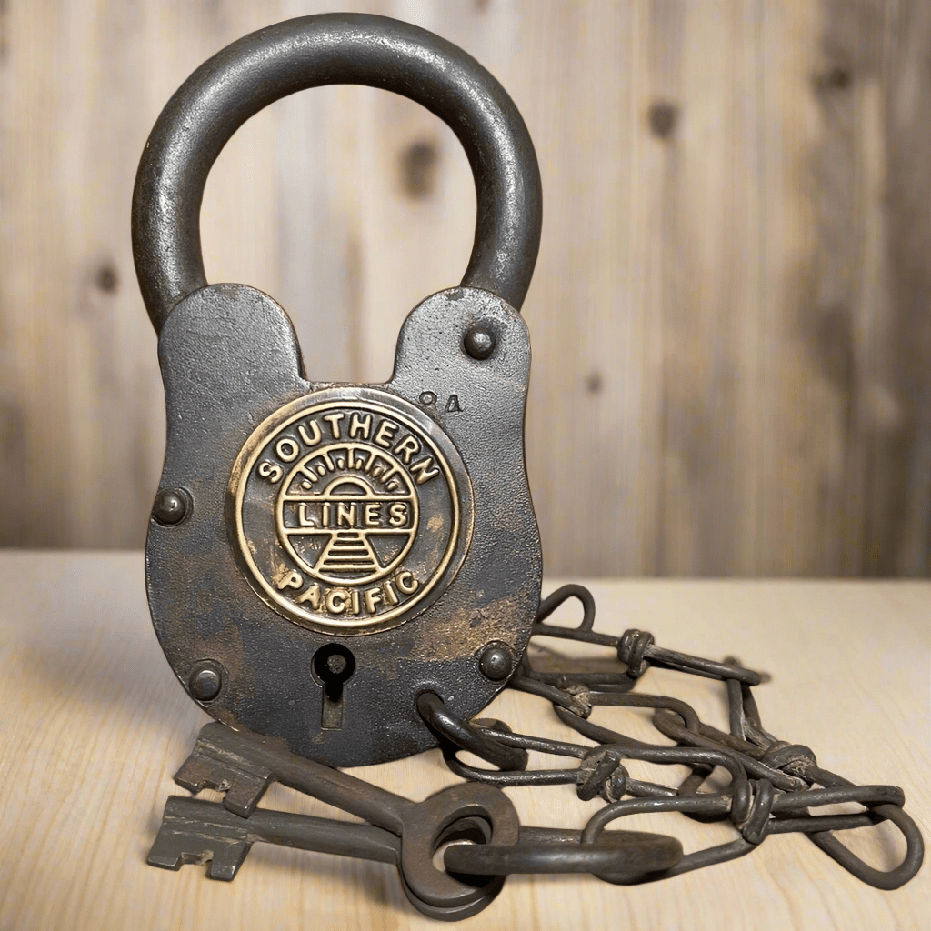 Southern Pacific Railroad Cast Iron Lock With Chain & Brass Tag (5" x 3.5") - Jones Peak