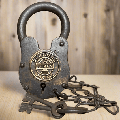 Southern Pacific Railroad Cast Iron Lock With Chain & Brass Tag (5" x 3.5") - Jones Peak