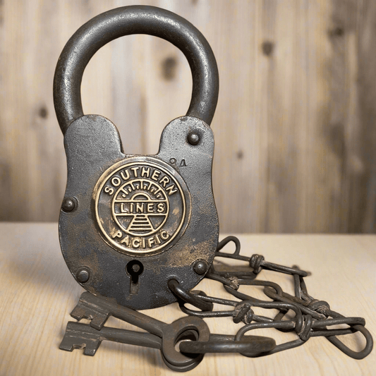 Southern Pacific Railroad Cast Iron Lock With Chain & Brass Tag (5" x 3.5") - Jones Peak