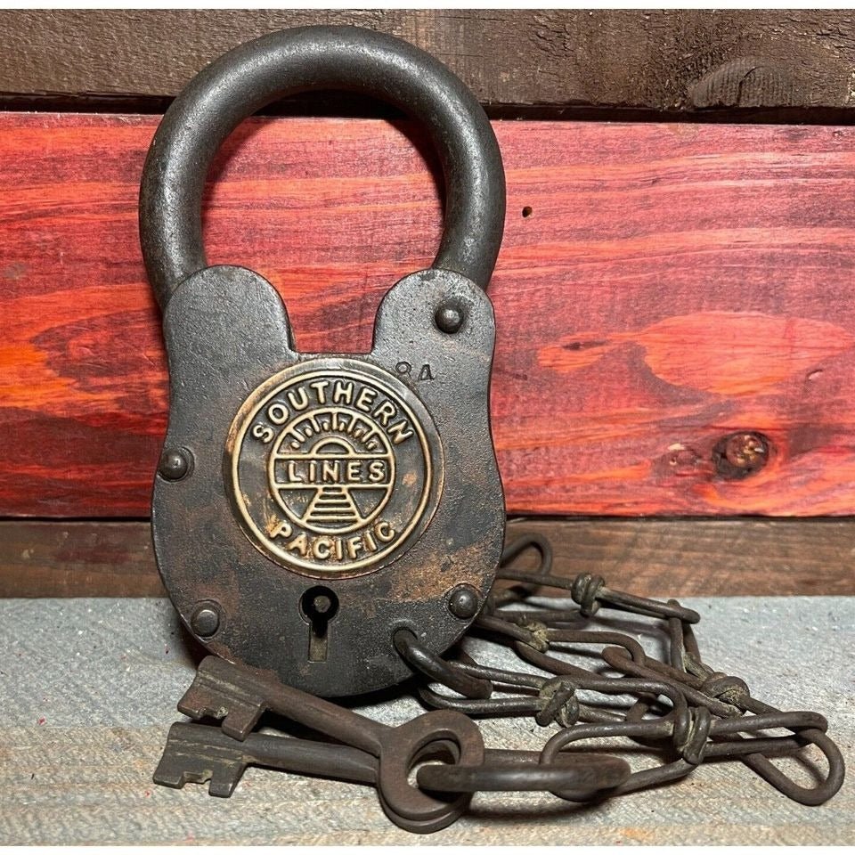 Southern Pacific Railroad Cast Iron Lock With Chain & Brass Tag (5" x 3.5") - Jones Peak