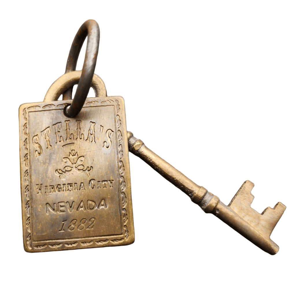 Stella's Virginia City Nevada Brothel Room Brass Tag & Key With Antique Finish (6.5" Long) - Jones Peak