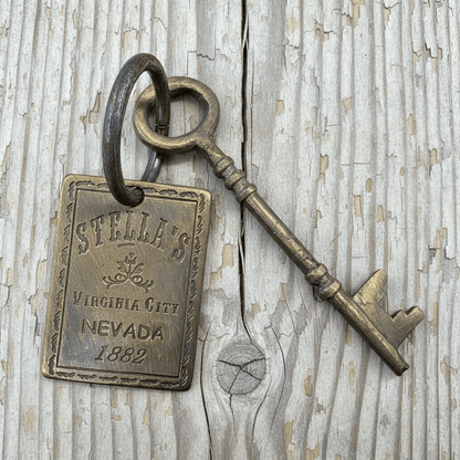 Stella's Virginia City Nevada Brothel Room Brass Tag & Key With Antique Finish (6.5" Long) - Jones Peak