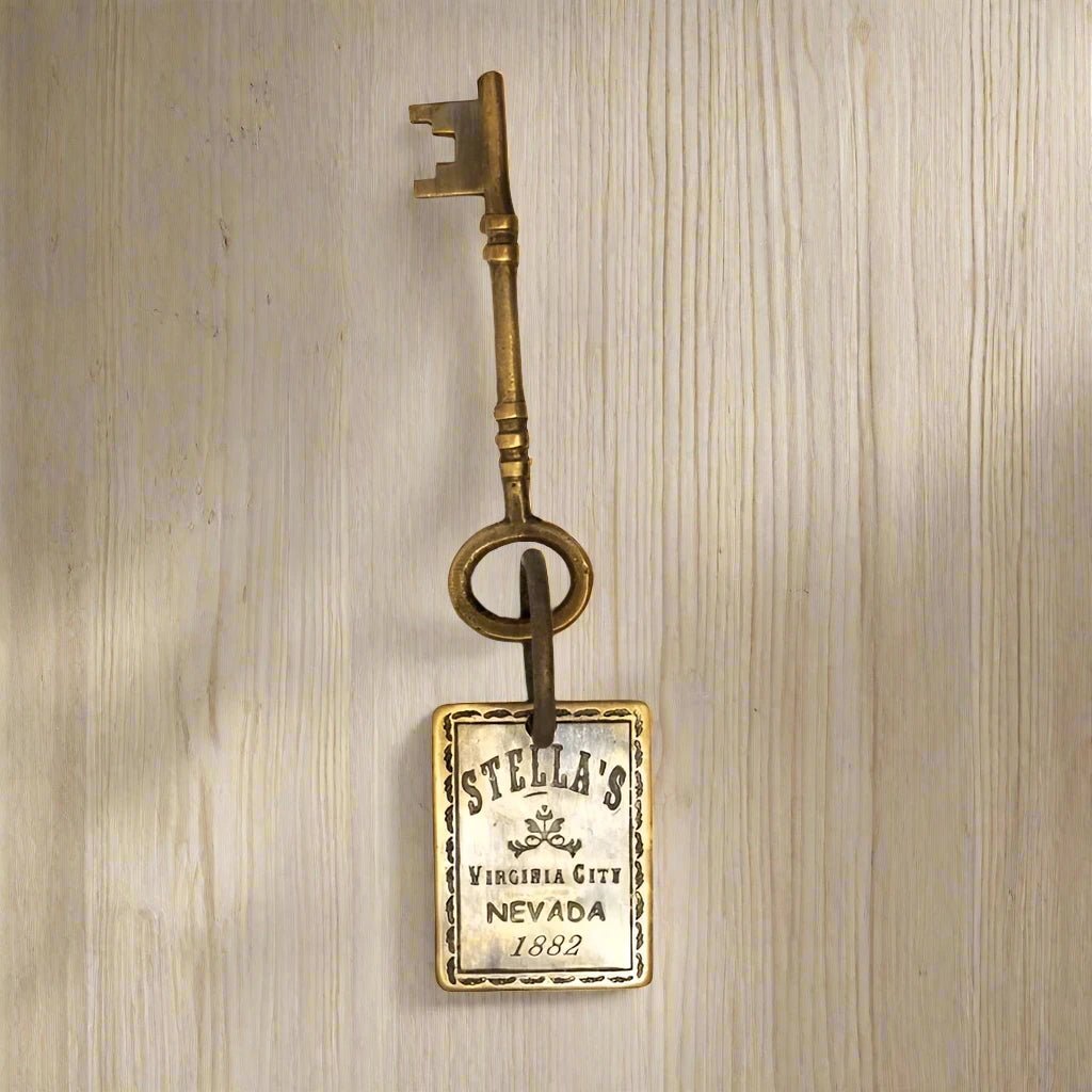 Stella's Virginia City Nevada Brothel Room Brass Tag & Key With Antique Finish (6.5" Long) - Jones Peak