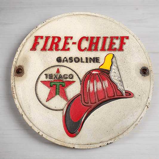 Texaco Fire Chief Cast Iron Plaque With Painted Antique Finish (9.5" Round) - Jones Peak
