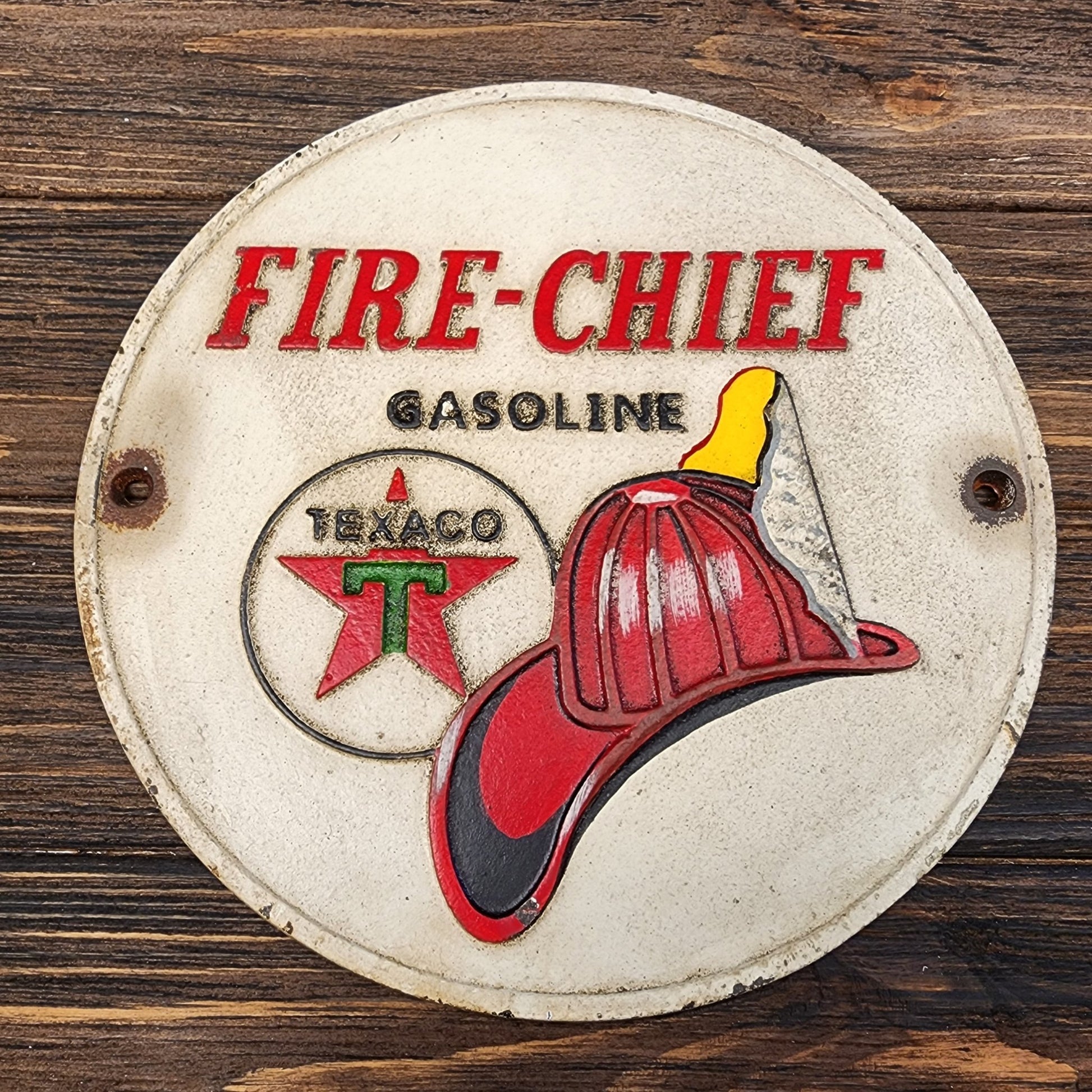Texaco Fire Chief Cast Iron Plaque With Painted Antique Finish (9.5" Round) - Jones Peak