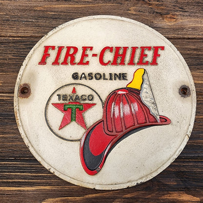 Texaco Fire Chief Cast Iron Plaque With Painted Antique Finish (9.5" Round) - Jones Peak