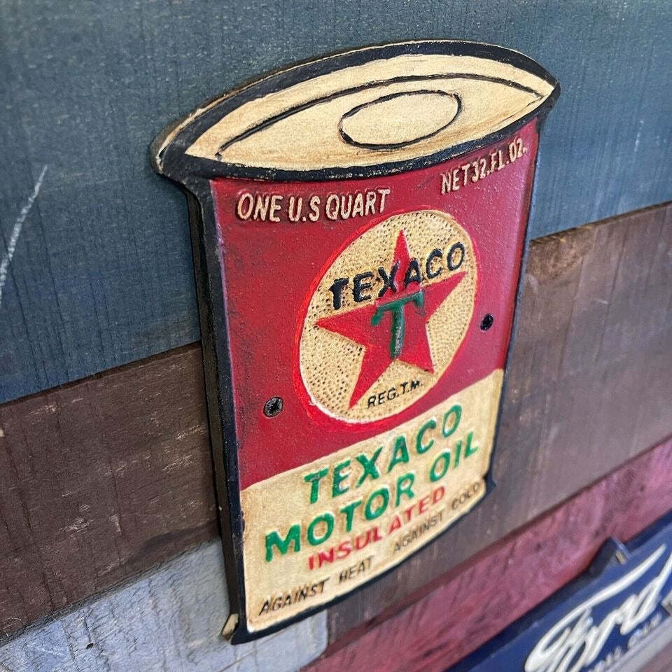 Texaco Motor Oil Can Plaque With Painted Antique Finish (8" x 5.5") - Jones Peak