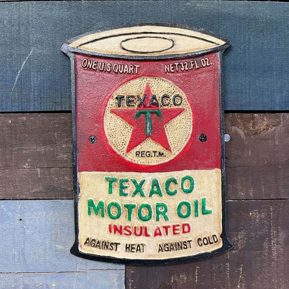 Texaco Motor Oil Can Plaque With Painted Antique Finish (8" x 5.5") - Jones Peak