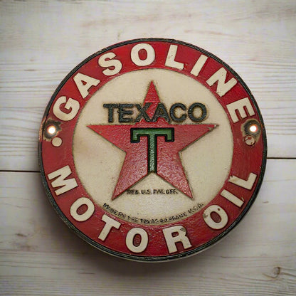 Texaco Motor Oil Cast Iron Plaque With Painted Antique Finish (8" Round) - Jones Peak