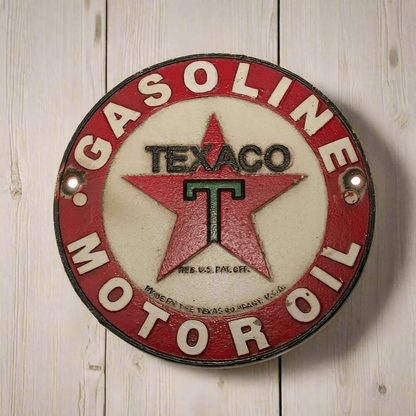 Texaco Motor Oil Cast Iron Plaque With Painted Antique Finish (8" Round) - Jones Peak