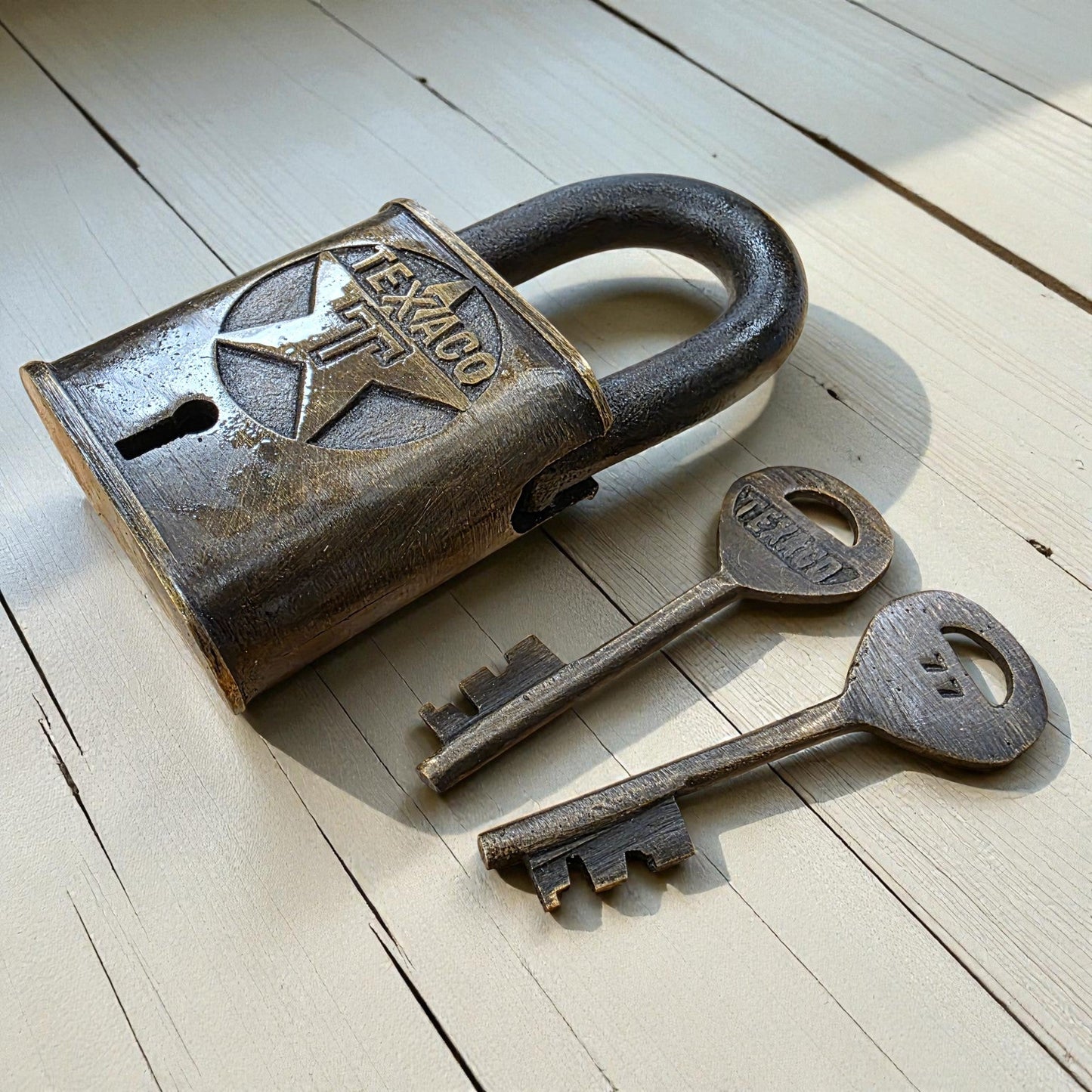 Texaco Station Solid Brass Lock With Keys & Antique Finish (3" x 2") - Jones Peak