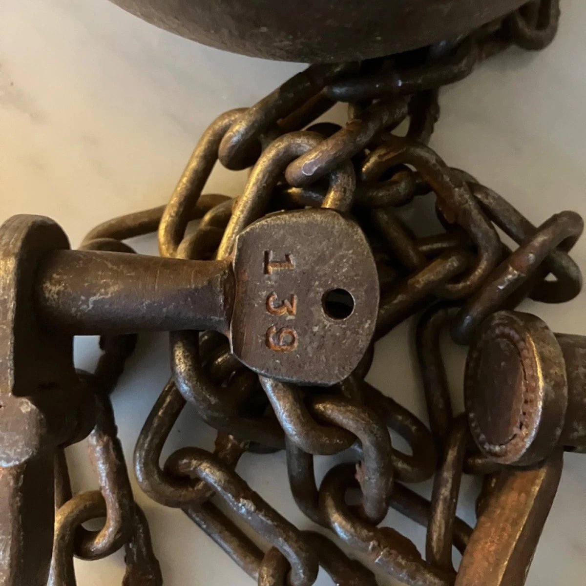 Texas State Penitentiary Cast Iron Working Ball & Chain Leg Irons With Antique Finish (28" Long) - Jones Peak