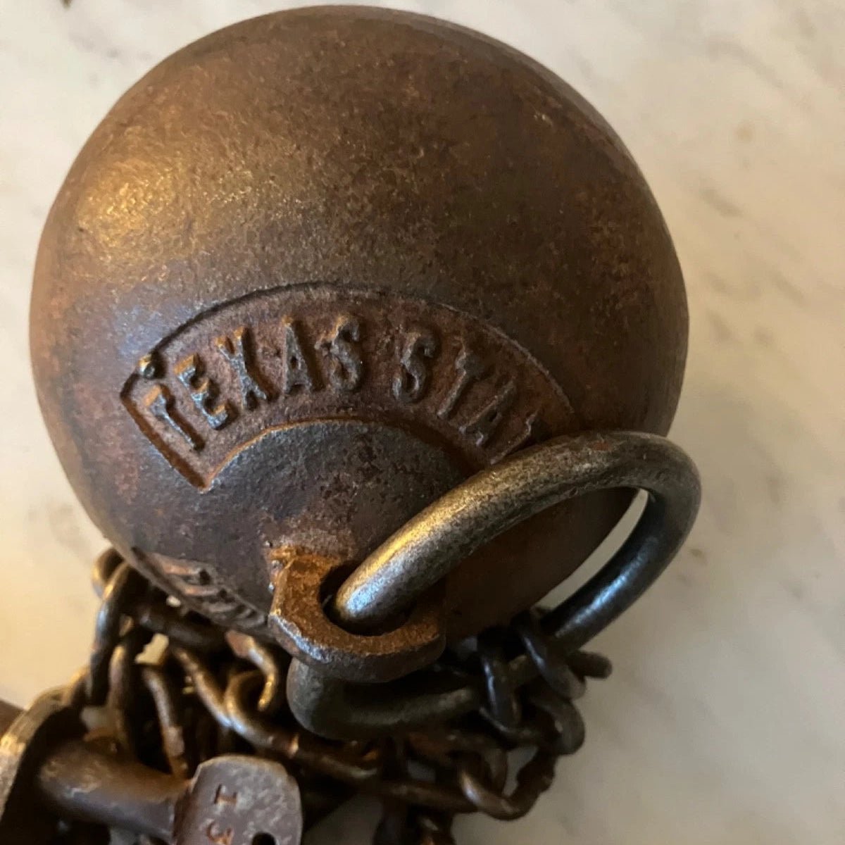 Texas State Penitentiary Cast Iron Working Ball & Chain Leg Irons With Antique Finish (28" Long) - Jones Peak