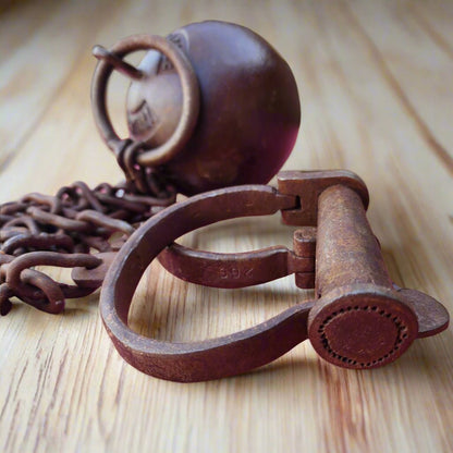 Texas State Penitentiary Cast Iron Working Ball & Chain Leg Irons With Antique Finish (28" Long) - Jones Peak