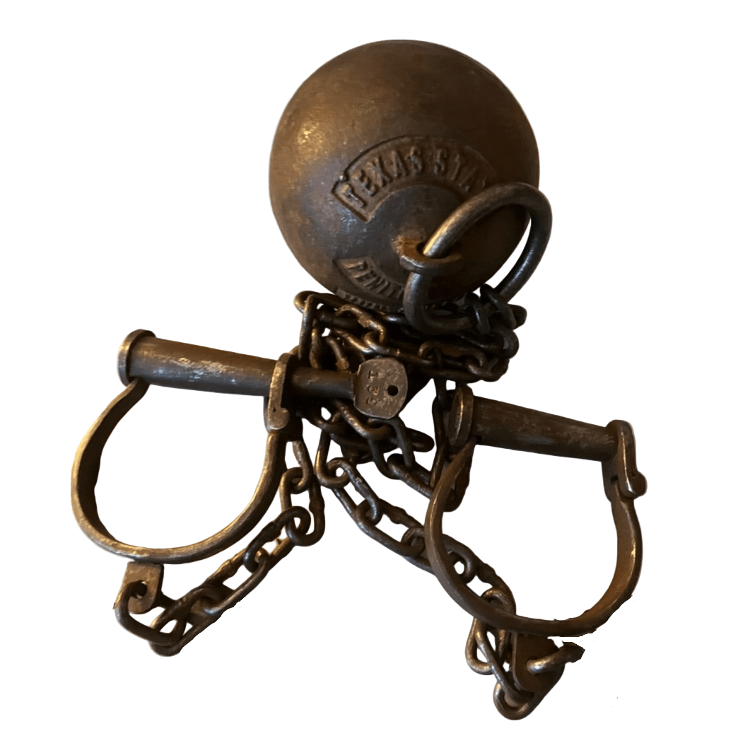 Texas State Penitentiary Cast Iron Working Ball & Chain Leg Irons With Antique Finish (28" Long) - Jones Peak
