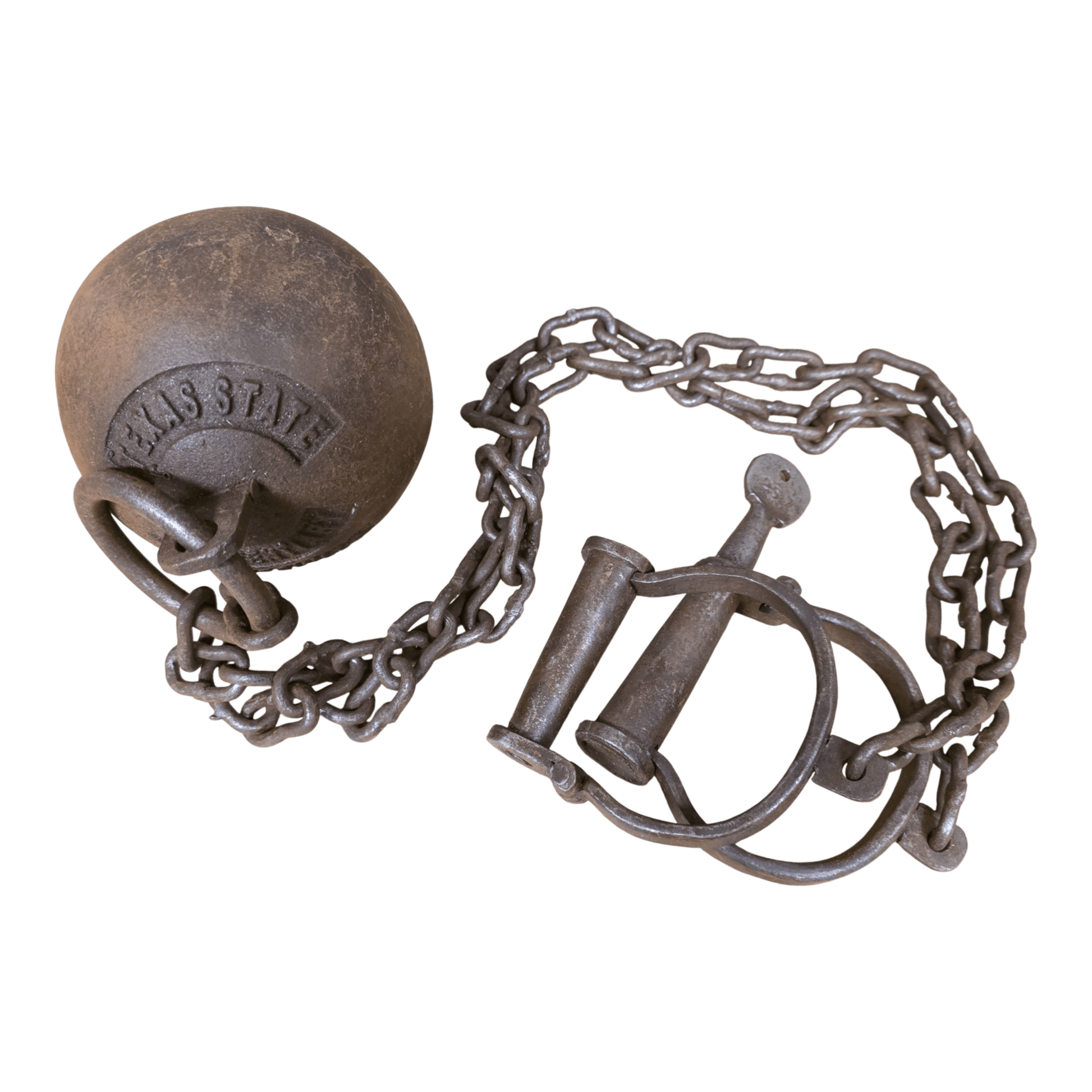 Texas State Penitentiary Cast Iron Working Ball & Chain Leg Irons With Antique Finish (28" Long) - Jones Peak
