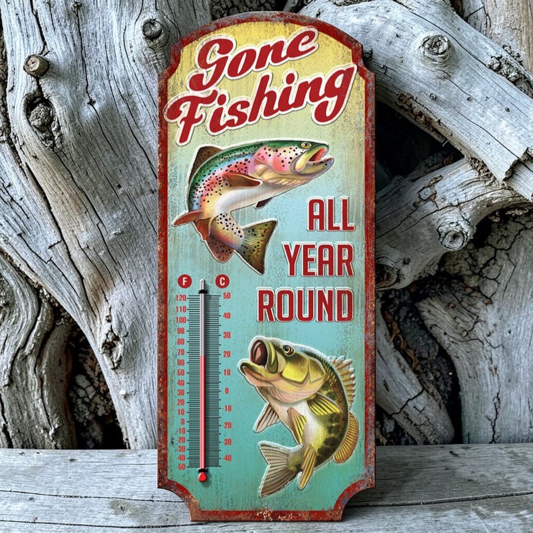 Gone Fishing All Year Round Thermometer (17.5" x 7.5") - Jones Peak