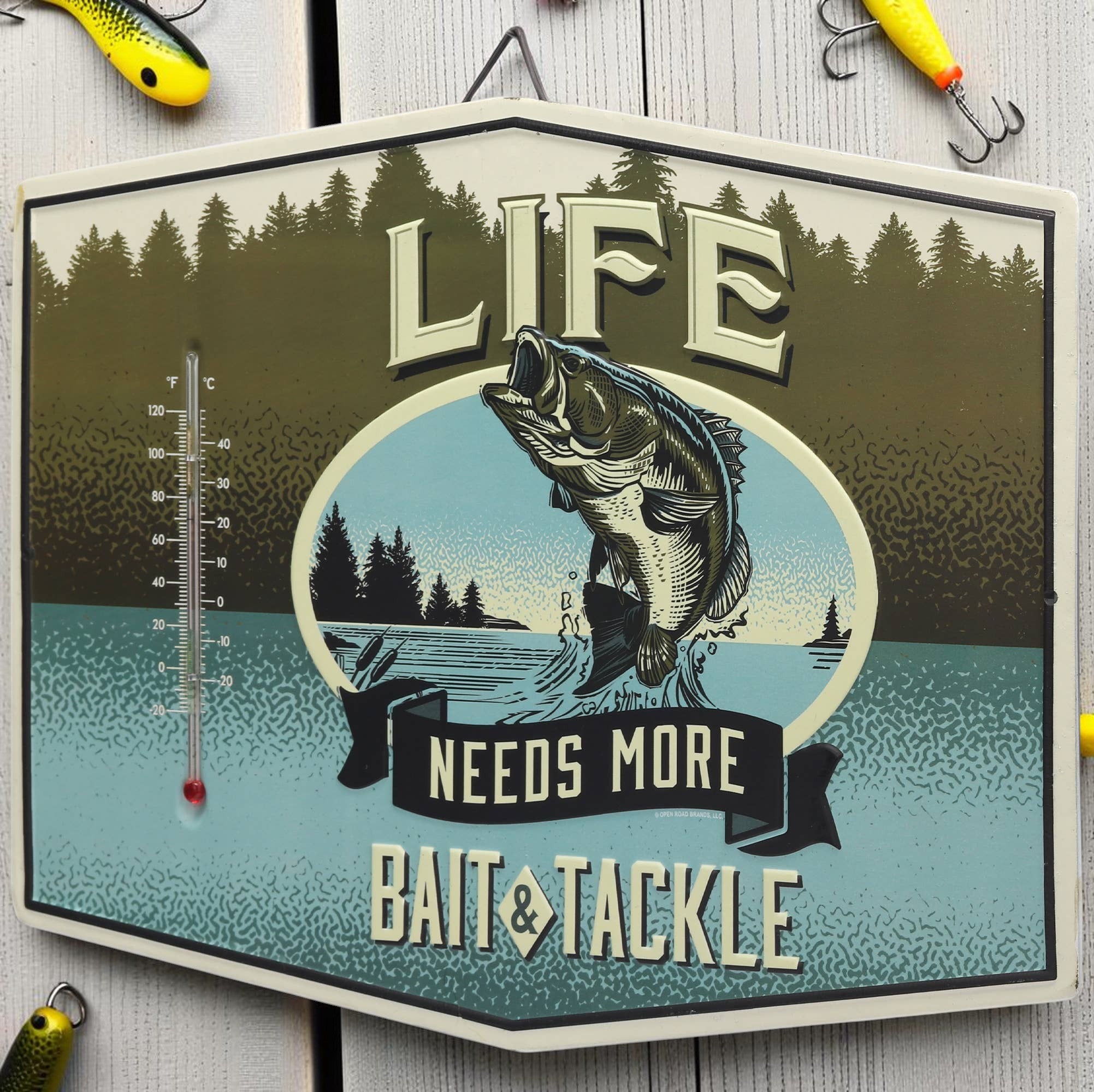 Life Needs Bait & Tackle Metal Wall Thermometer (14" x 10.25") - Jones Peak