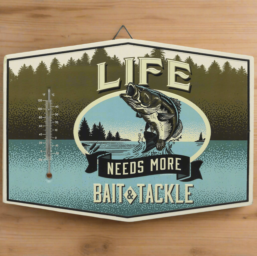 Life Needs Bait & Tackle Metal Wall Thermometer (14" x 10.25") - Jones Peak
