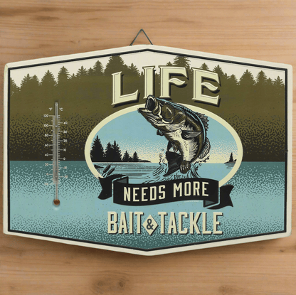 Life Needs Bait & Tackle Metal Wall Thermometer (14" x 10.25") - Jones Peak