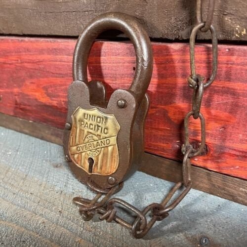 Union Pacific Railroad The Overland Route Cast Iron Lock and Keys With Chain and Antique Finish (5" x 3.5") - Jones Peak