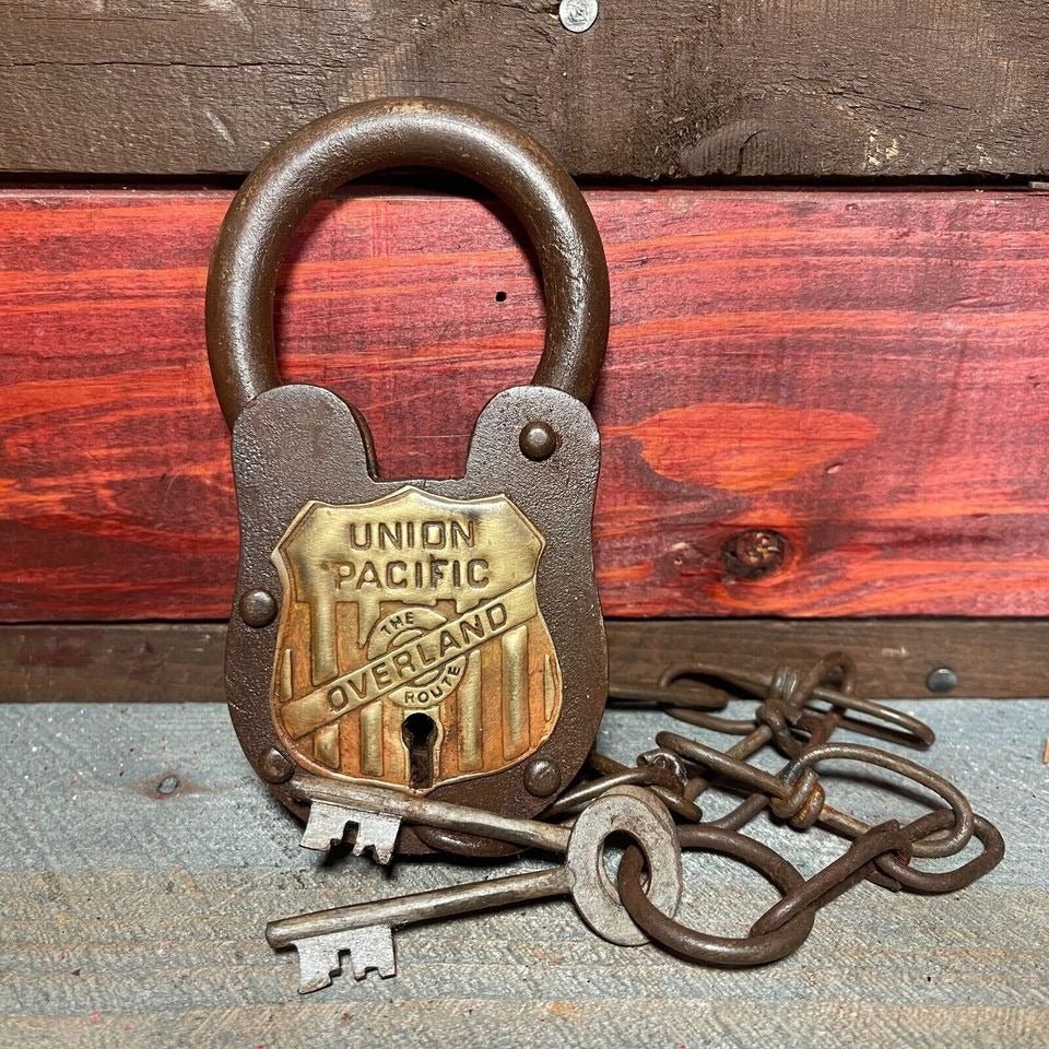 Union Pacific Railroad The Overland Route Cast Iron Lock and Keys With Chain and Antique Finish (5" x 3.5") - Jones Peak
