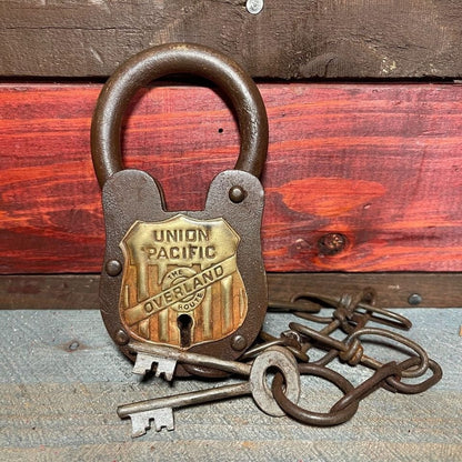 Union Pacific Railroad The Overland Route Cast Iron Lock and Keys With Chain and Antique Finish (5" x 3.5") - Jones Peak