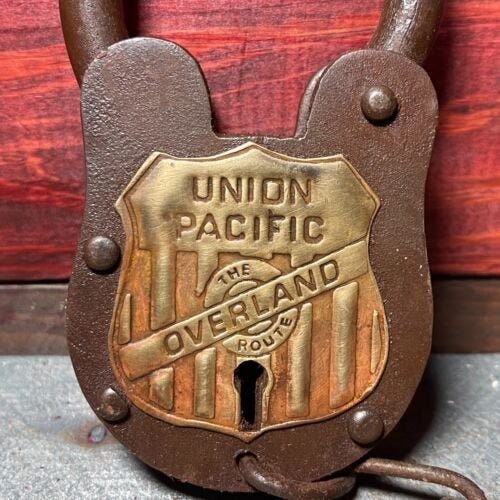 Union Pacific Railroad The Overland Route Cast Iron Lock and Keys With Chain and Antique Finish (5" x 3.5") - Jones Peak