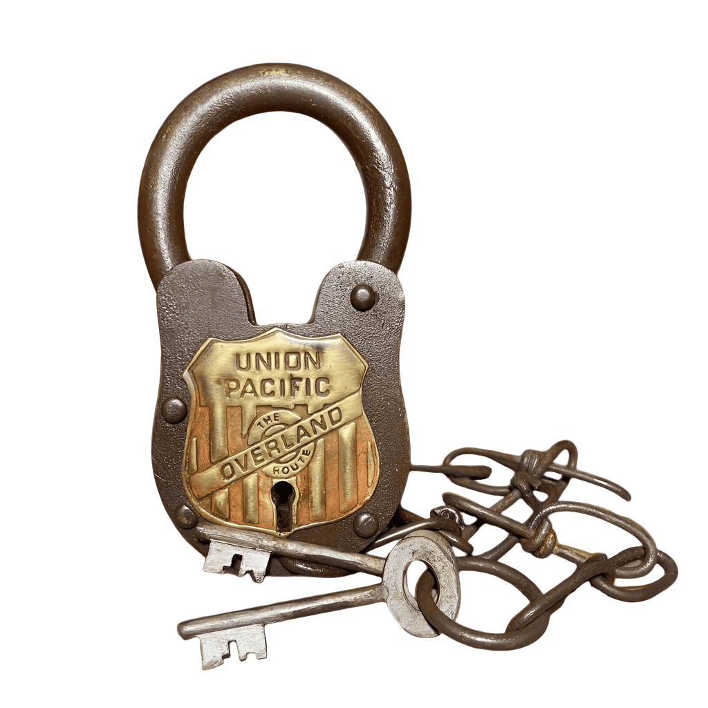 Union Pacific Railroad The Overland Route Cast Iron Lock and Keys With Chain and Antique Finish (5" x 3.5") - Jones Peak