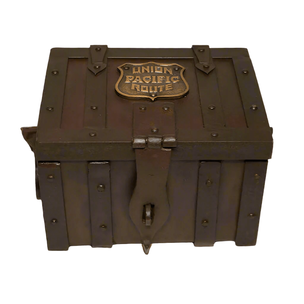 Union Pacific Route Railroad Cast Iron Strong Box With Antique Finish & Brass Tag (10" x 8" x 7") - Jones Peak