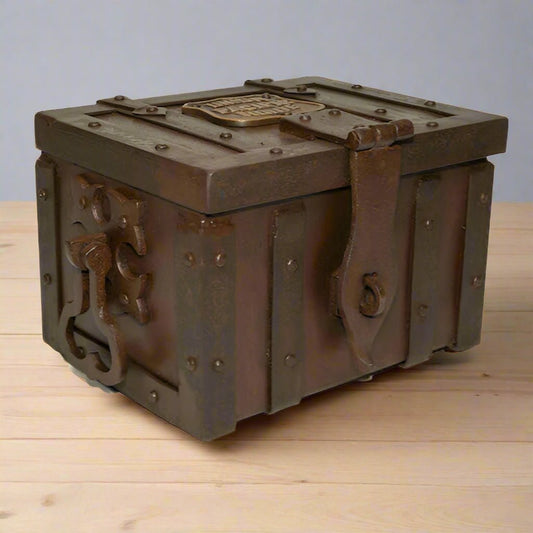 Union Pacific Route Railroad Cast Iron Strong Box With Antique Finish & Brass Tag (10" x 8" x 7") - Jones Peak