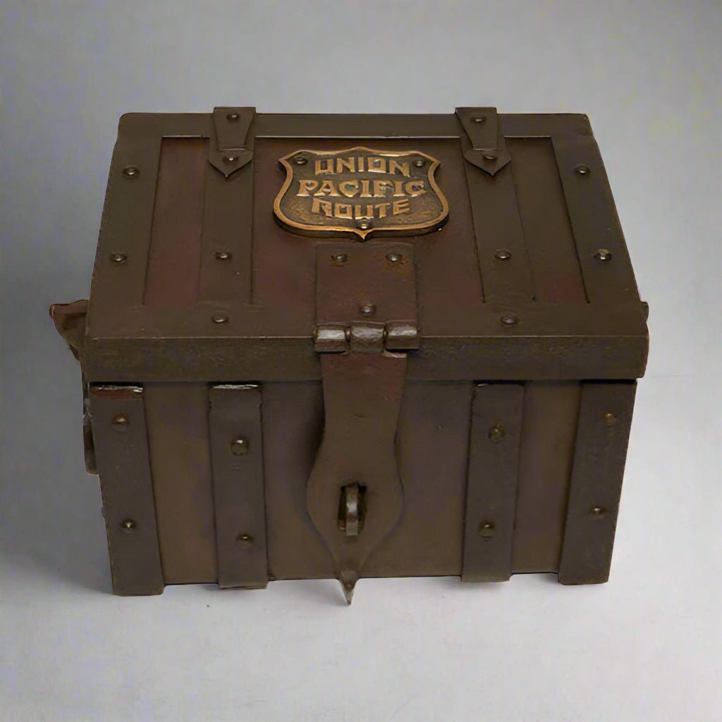 Union Pacific Route Railroad Cast Iron Strong Box With Antique Finish & Brass Tag (10" x 8" x 7") - Jones Peak