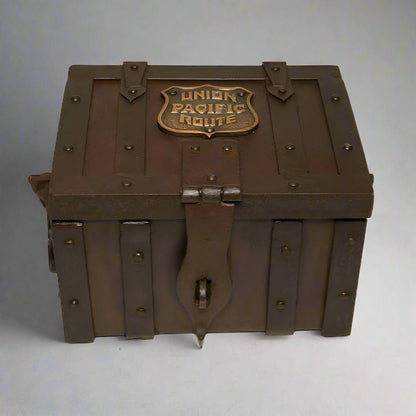 Union Pacific Route Railroad Cast Iron Strong Box With Antique Finish & Brass Tag (10" x 8" x 7") - Jones Peak