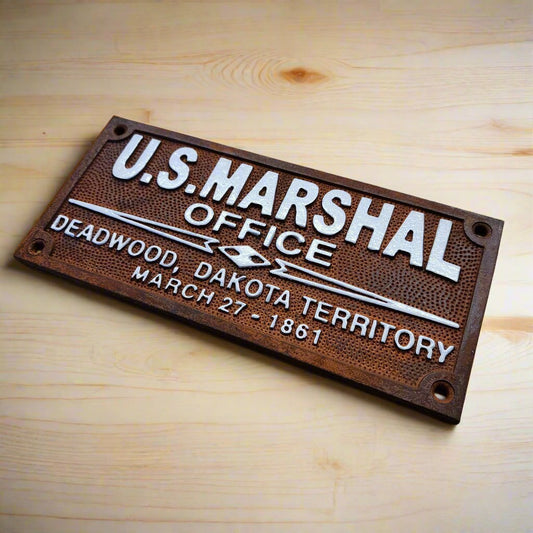 U.S. Marshal Office Deadwood Cast Iron Plaque With Antique Finish (7.75" x 3.5") - Jones Peak