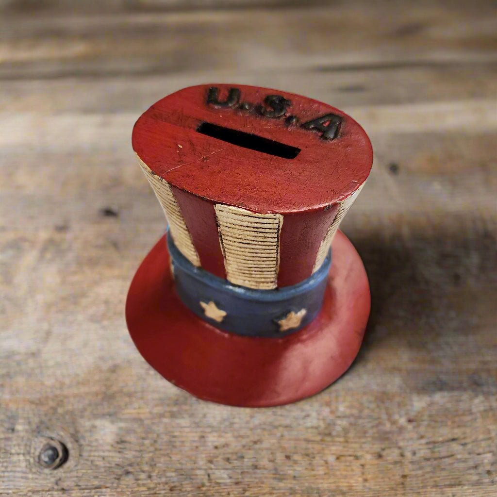 USA Hat Cast Iron Coin Bank With Painted Antique Finish (4.5" x 4.5" x 4") - Jones Peak