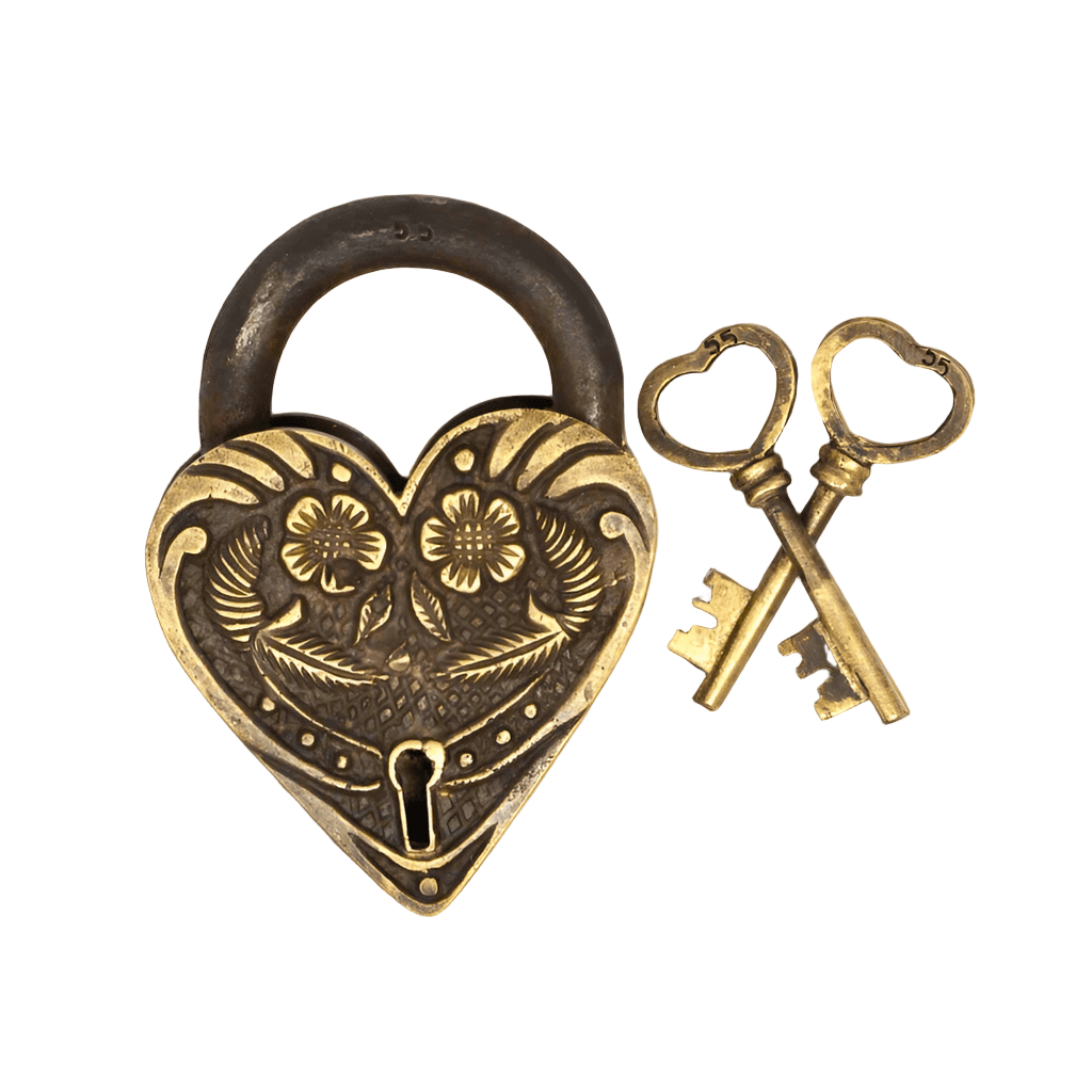 Victorian Ornate Heart Shaped Brass Lock With Antique Vintage Finish (4.25" x 3" x 0.75") - Jones Peak