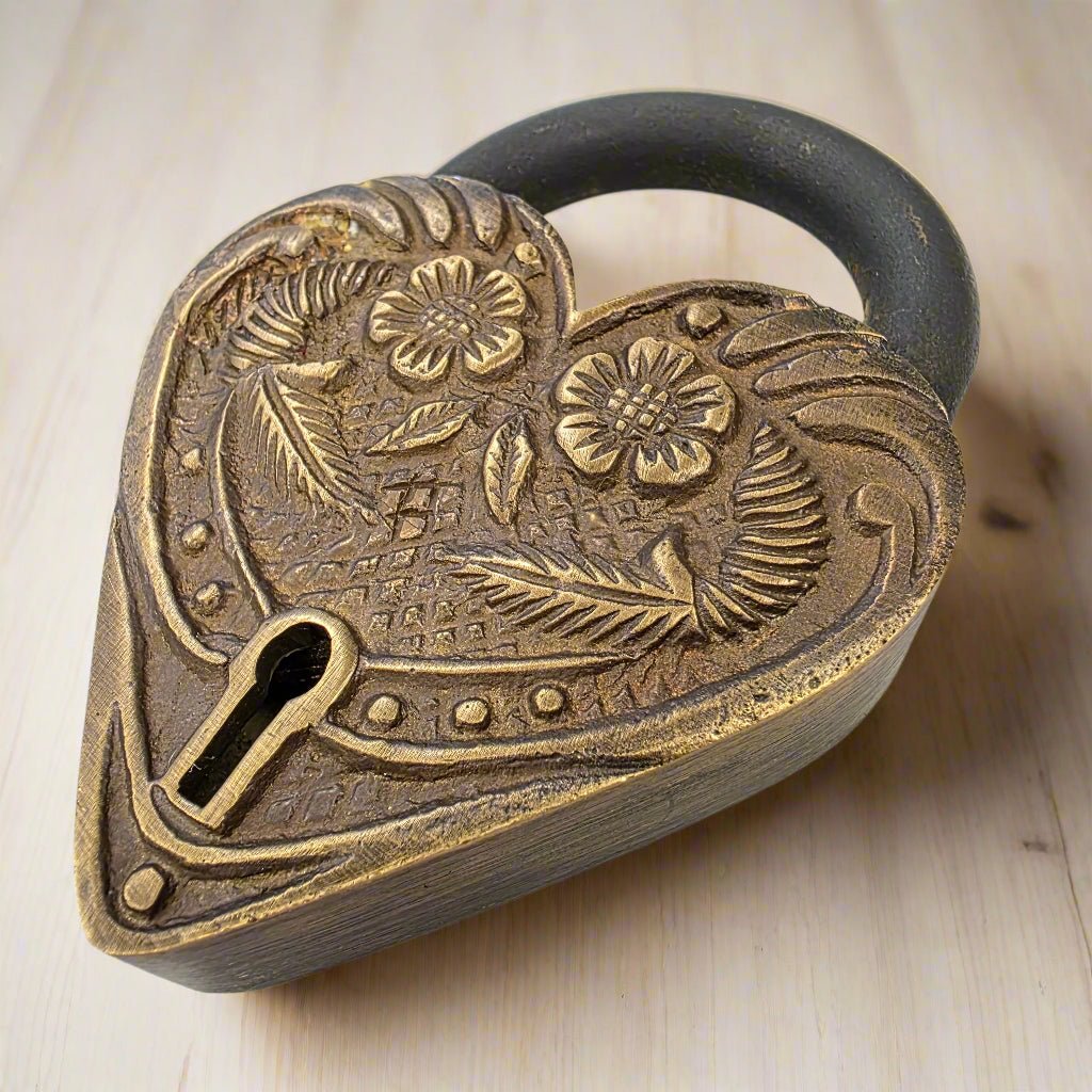 Victorian Ornate Heart Shaped Brass Lock With Antique Vintage Finish (4.25" x 3" x 0.75") - Jones Peak