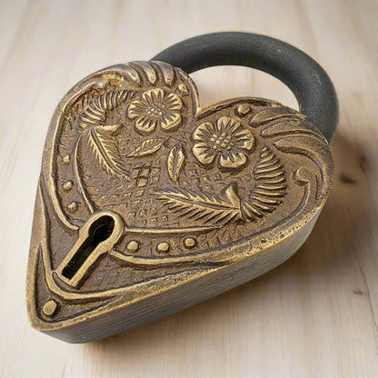Victorian Ornate Heart Shaped Brass Lock With Antique Vintage Finish (4.25" x 3" x 0.75") - Jones Peak