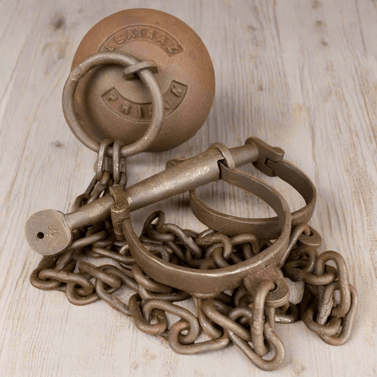 Alcatraz Prison San Francisco Cast Iron Working Ball & Chain Leg Irons With Antique Finish (28" Long) - Jones Peak