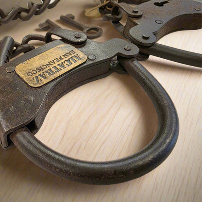 Alcatraz Prison San Francisco Iron Adjustable Handcuffs With Chain Serial Tag And Antique Finish (23" Long) - Jones Peak