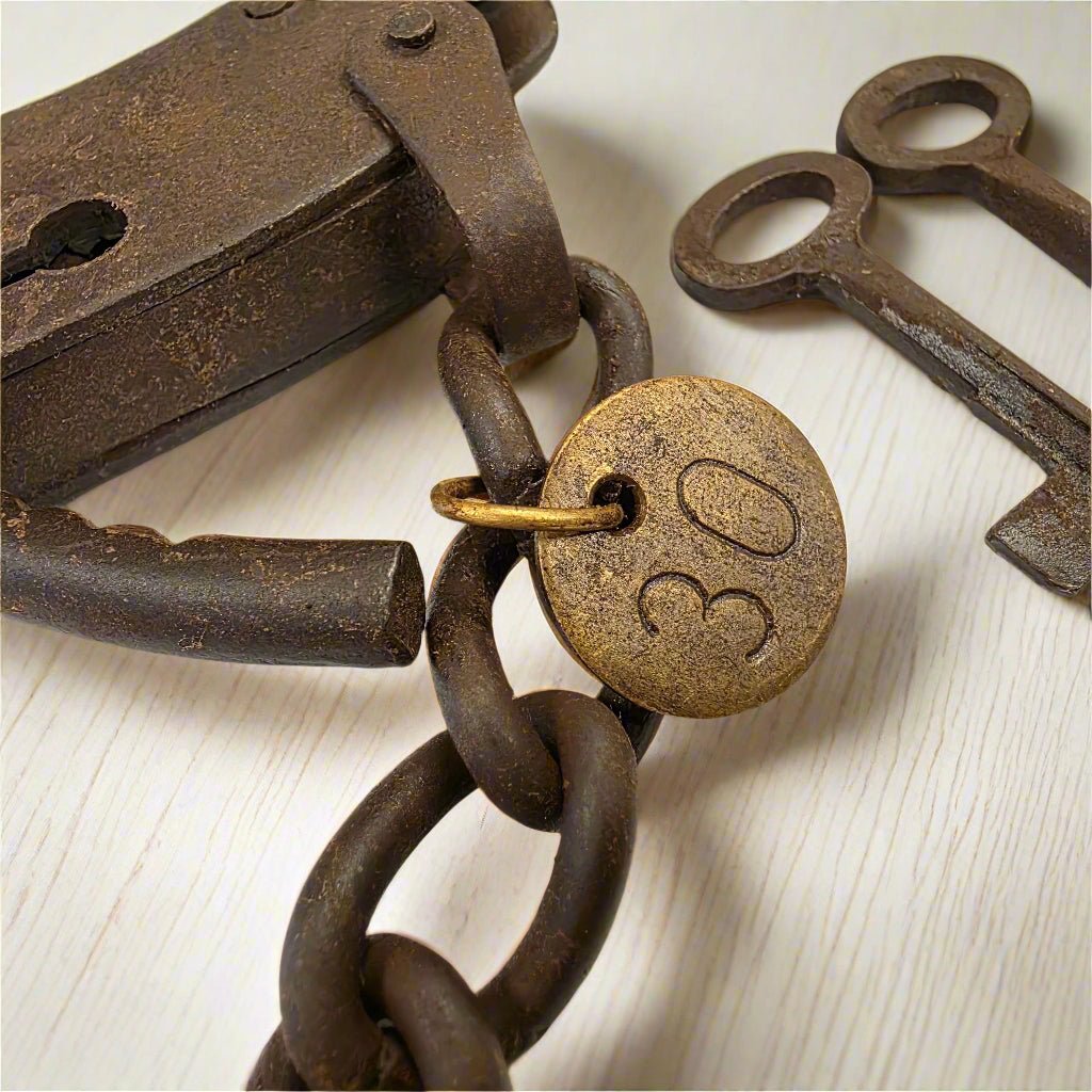 Alcatraz Prison San Francisco Iron Adjustable Handcuffs With Chain Serial Tag And Antique Finish (23" Long) - Jones Peak