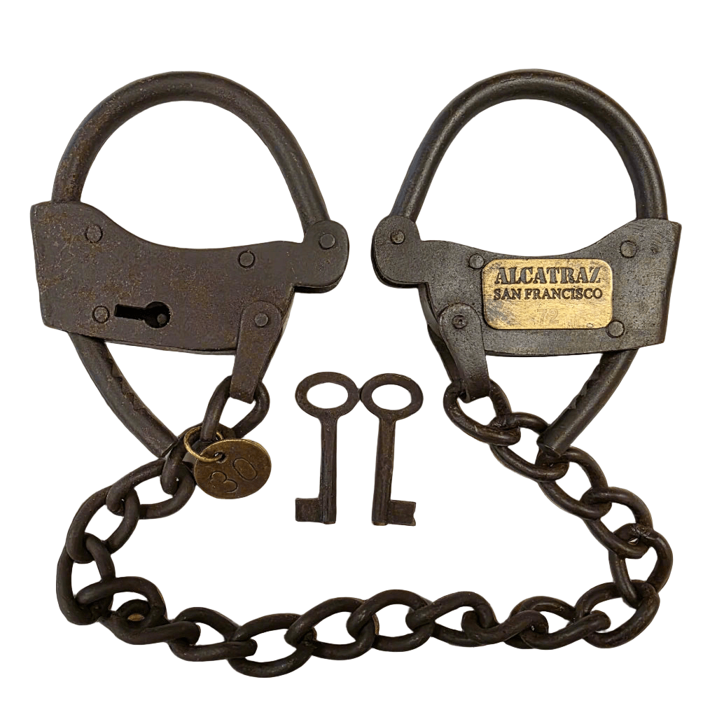 Alcatraz Prison San Francisco Iron Adjustable Handcuffs With Chain Serial Tag And Antique Finish (23" Long) - Jones Peak